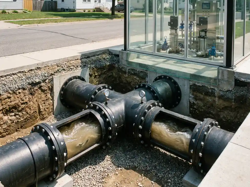 Querschnitt einer unterirdischen Abwasser-Druckrohrleitung unter Wohnstraße mit Pumpstation und Rohrleitungsdetails
