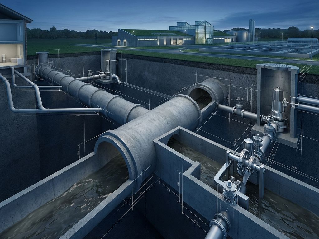 Querschnitt der unterirdischen Abwasserinfrastruktur mit Betonrohren und Kanälen zur modernen Kläranlage