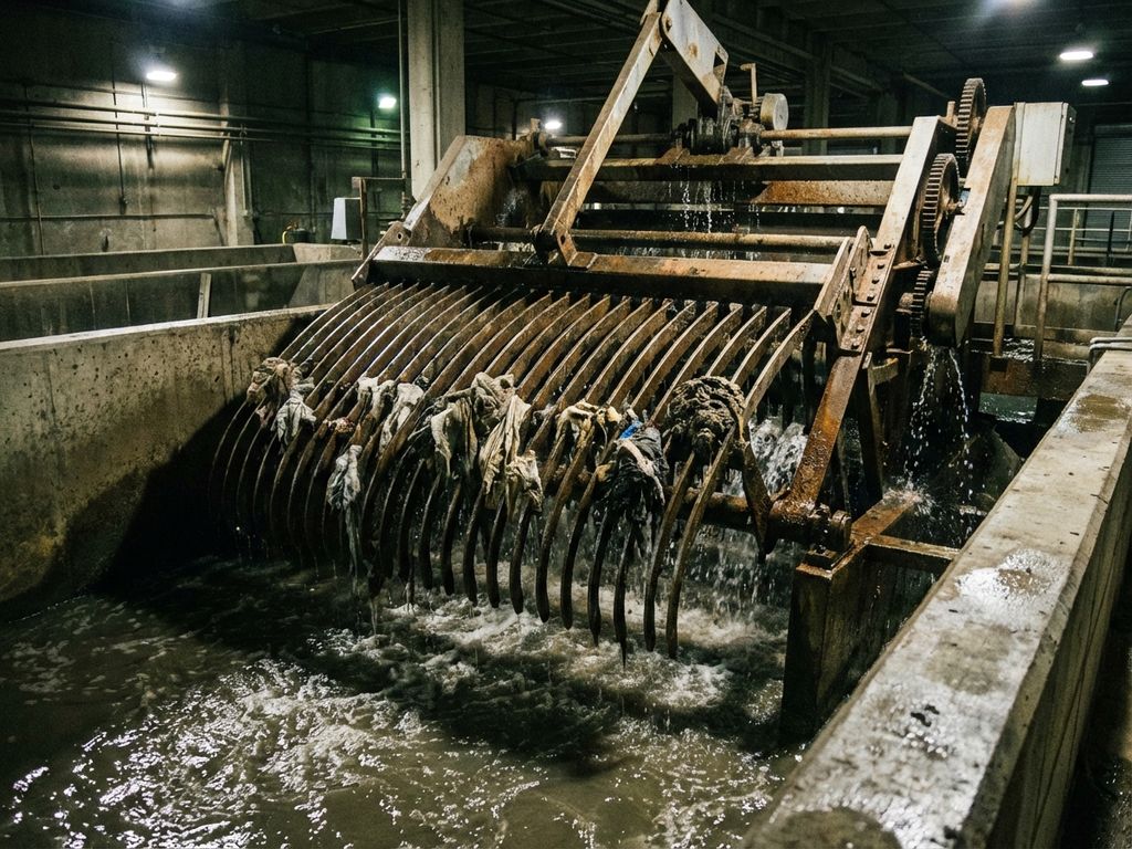 Industrieller Rechen-Mechanismus filtert Abwasser in Betonkanal, Metallzinken fangen Schmutz ab
