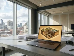 Laptop mit 3D-Modell von Abwasserrohren und Kläranlagen auf Betonschreibtisch in modernem Ingenieurbüro