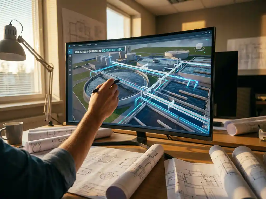 Ingenieur bearbeitet 3D-Abwasserbehandlungsanlage auf Monitor mit digitalem Stift, umgeben von technischen Zeichnungen