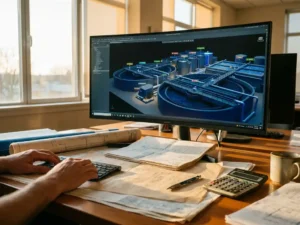 3D-Architekturmodell einer Kläranlage auf Computermonitor mit Bauplänen, Bleistift und Taschenrechner auf Holzschreibtisch