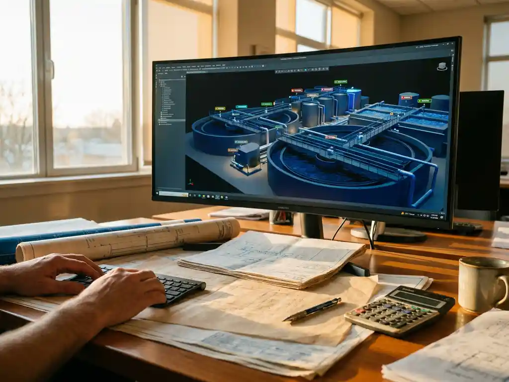3D-Architekturmodell einer Kläranlage auf Computermonitor mit Bauplänen, Bleistift und Taschenrechner auf Holzschreibtisch