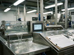 Moderne Abwasserbehandlungsanlage mit digitaler Überwachungsstation, Edelstahlrohren und Compliance-Dokumenten