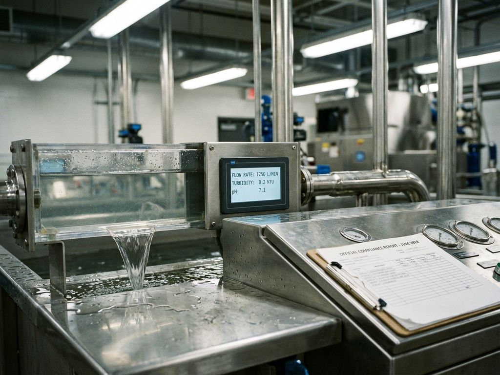 Moderne Abwasserbehandlungsanlage mit digitaler Überwachungsstation, Edelstahlrohren und Compliance-Dokumenten