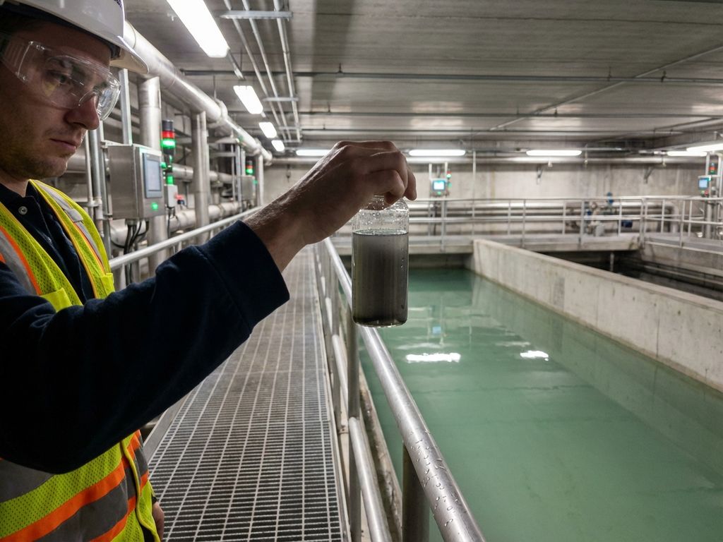 Arbeiter in Schutzausrüstung untersucht Abwasserprobe in moderner Kläranlage neben Klärbecken und Rohrleitungen