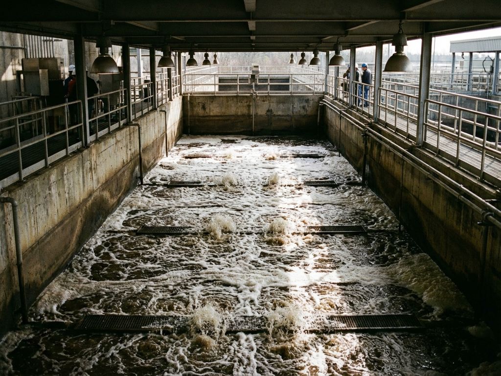 Abwasserkläranlage mit sprudelndem Belebungsbecken, Luftblasen steigen auf und erzeugen weißen Schaum auf braunem Wasser