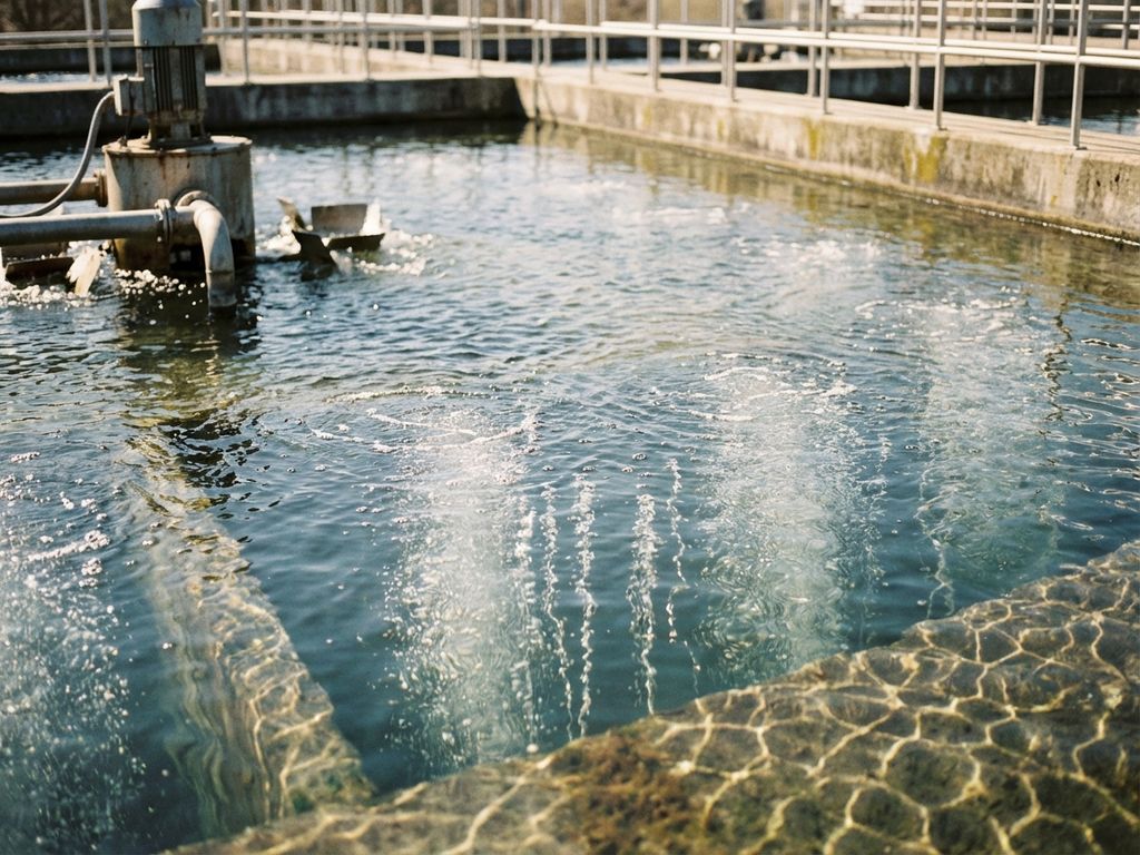 Kläranlagenbelüftungsbecken mit aufsteigenden Sauerstoffblasen durch klares Wasser, teilweise eingetauchte Belüftungsgeräte
