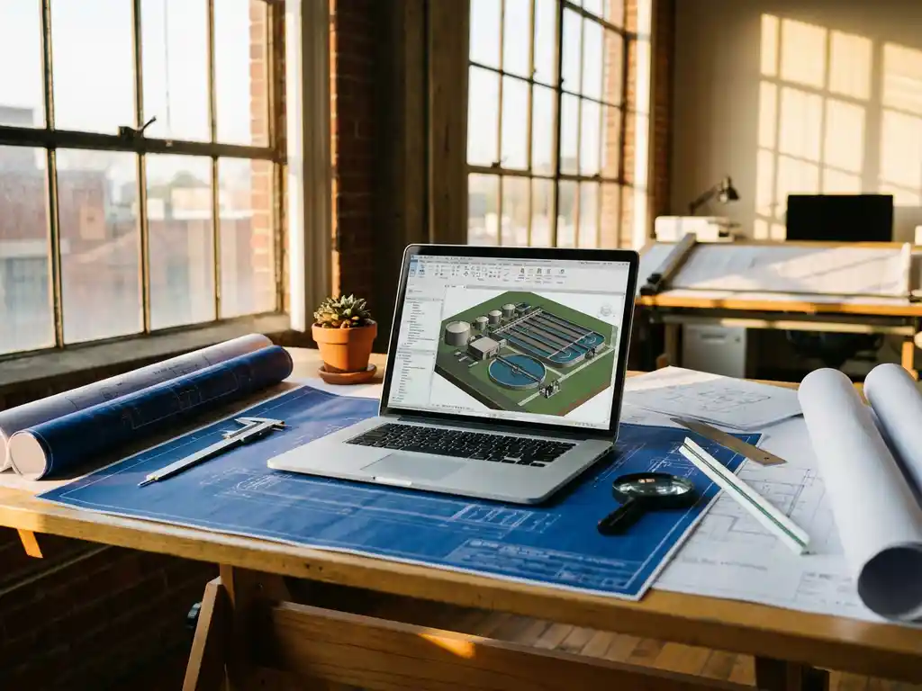 Laptop mit 3D-Abwasserbehandlungsanlage-Modell auf Zeichentisch mit Bauplänen und Ingenieurswerkzeugen