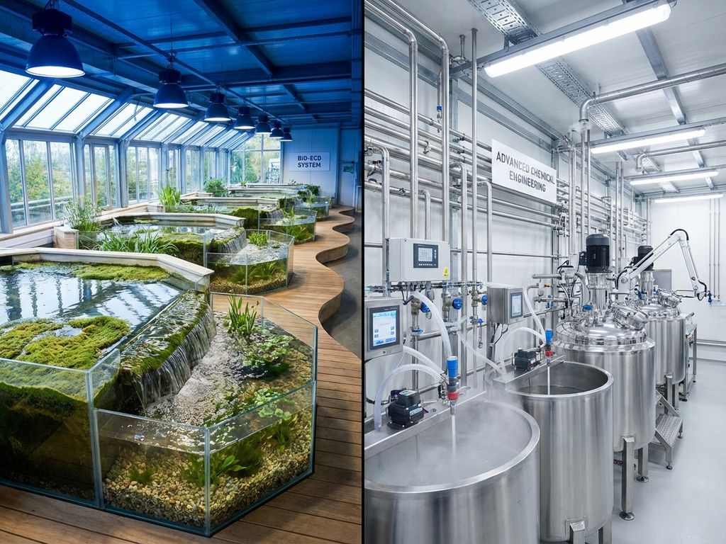 Geteilte Darstellung von biologischer Abwasserbehandlung mit grünen Matten links und chemischer Anlage mit Metallrohren rechts