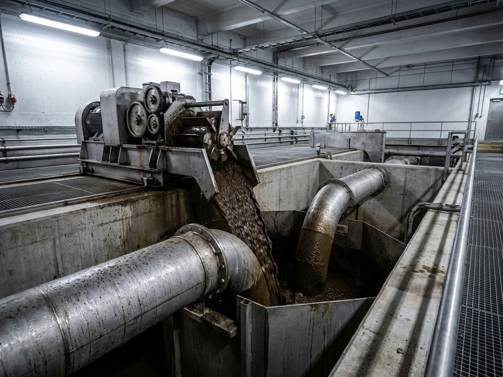 Querschnitt einer Kläranlage mit Stahlrohren, die braunen Schlamm durch mechanische Pumpen in die Behandlungskammer befördern