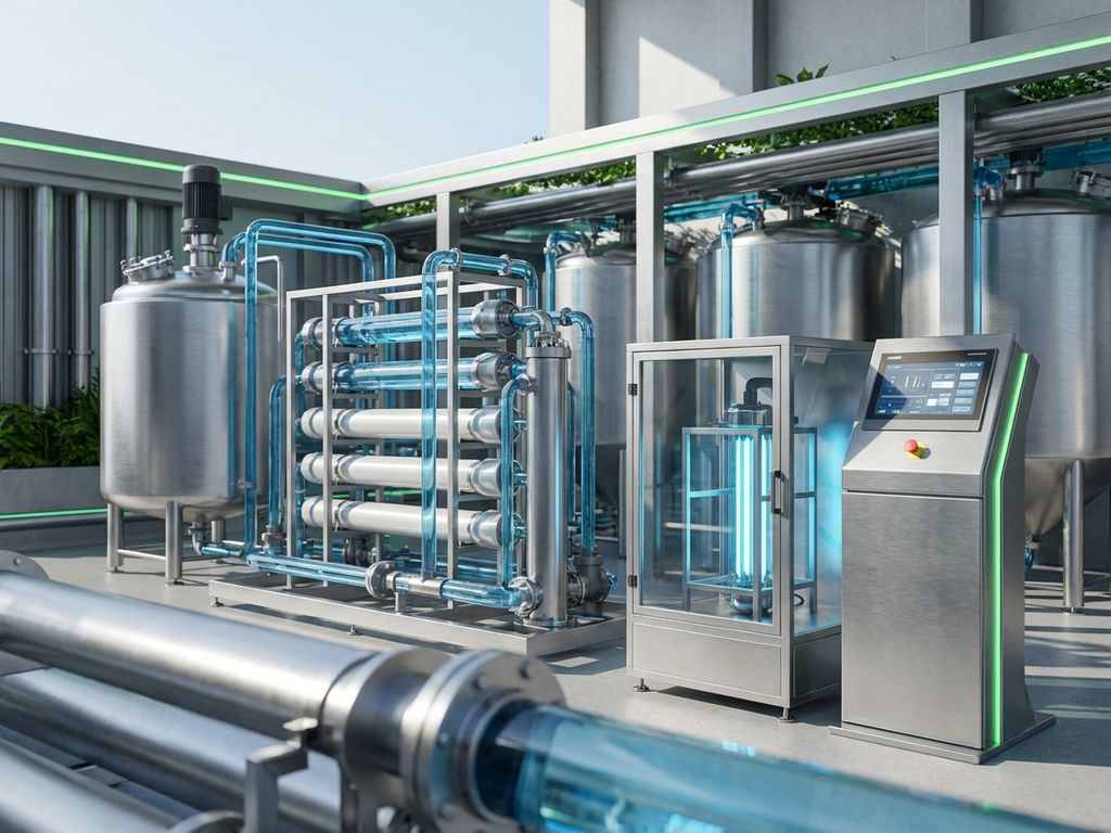Moderne Abwasseraufbereitungsanlage mit Edelstahl-Bioreaktoren, Membranfiltern und UV-Sterilisation in blau-silber