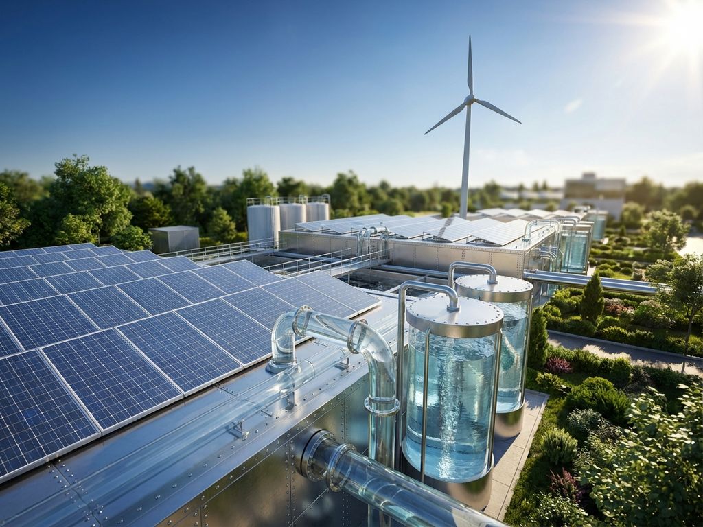 Moderne Kläranlage mit Solarpanels und Windturbine, klares Wasser in Glasrohren, grüne Vegetation im Sonnenlicht