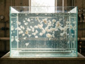 Querschnitt eines modernen Klärbeckens mit klarem Wasser, sichtbaren Bakterienkolonien und aufsteigenden Luftblasen