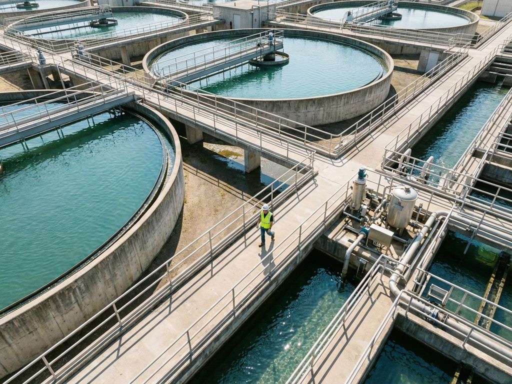 Große Kläranlage mit kreisförmigen Klärbecken, Betonkanälen und Arbeiter in Schutzausrüstung auf Gehweg