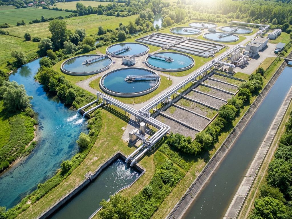 Moderne Kläranlage mit kreisförmigen Klärbecken und Rohrleitungen, die in Fluss und Versickerungsanlage münden