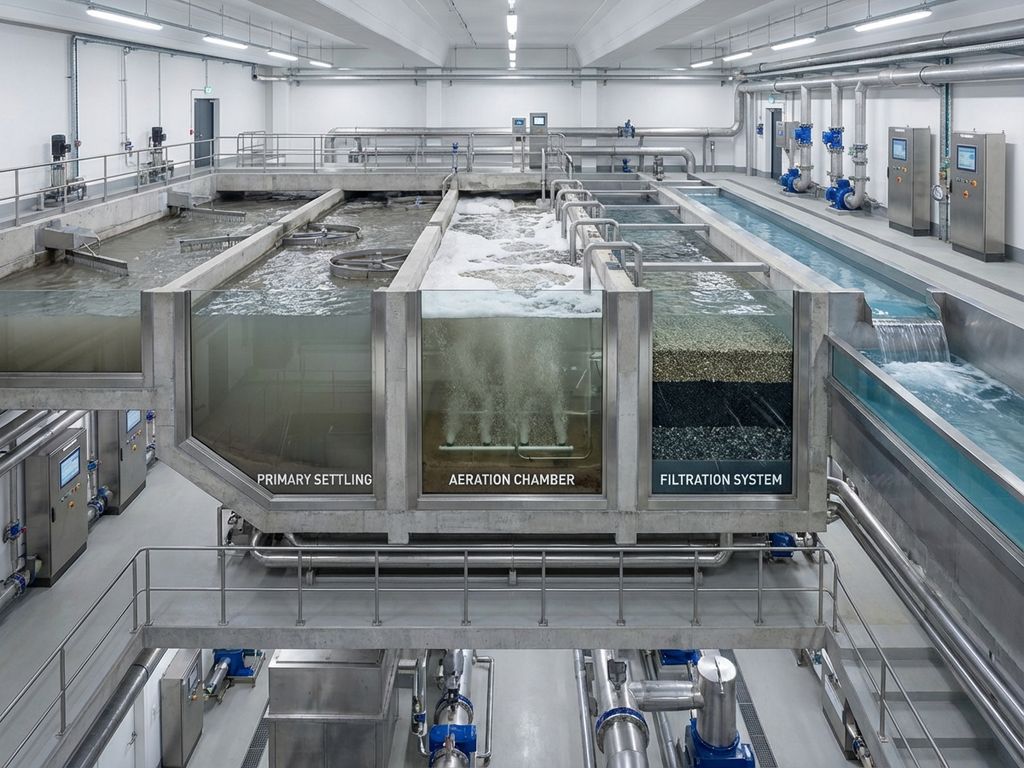 Querschnitt einer modernen Kläranlage mit mehrstufigen Behandlungssystemen, Klärbecken und gereinigtem Wasser