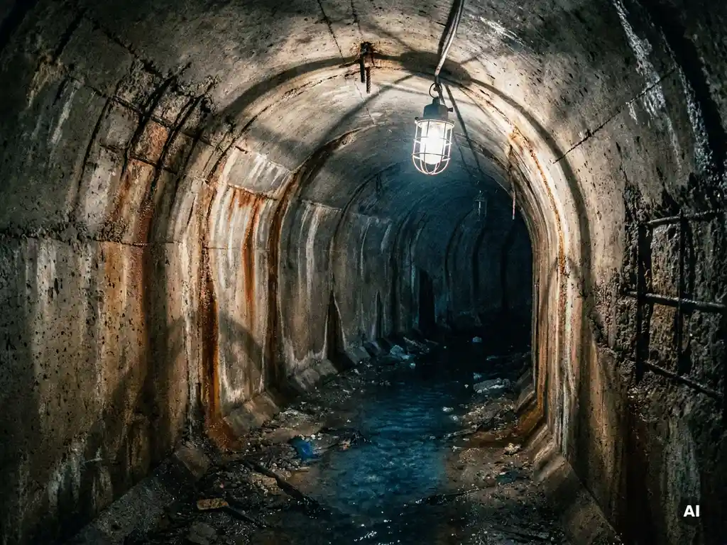 Rissige, korrodierte Betonrohrinnenwand eines Abwasserkanals mit Wasserrinne und Arbeitsscheinwerfer im Hintergrund.