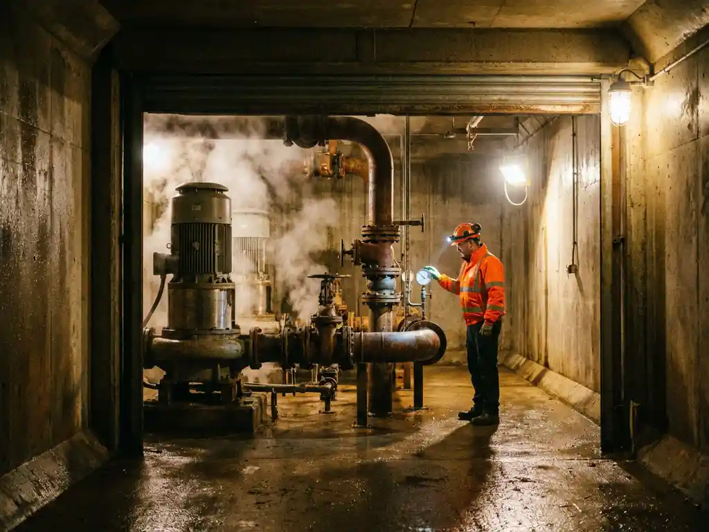 Arbeiter in Warnweste inspiziert große Betonpumpen und Rohrleitungen in unterirdischer Abwasserpumpstation