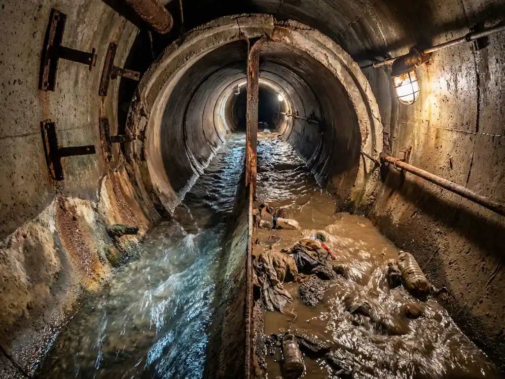 Querschnitt einer unterirdischen Betonabwasserleitung mit klarem und verschmutztem Wasser in industrieller Umgebung
