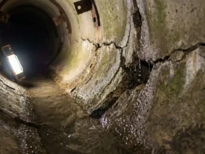 Querschnitt eines beschädigten Abwasserrohrs mit Regenwasser, das durch Risse in Betonwände eindringt