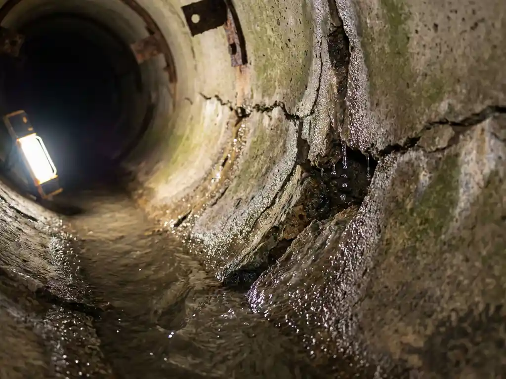 Querschnitt eines beschädigten Abwasserrohrs mit Regenwasser, das durch Risse in Betonwände eindringt