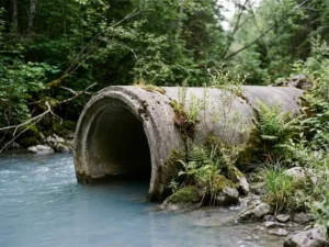 Großes Betonrohr ragt aus klarem Wasser, umgeben von grüner Vegetation und klimaresistenten Pflanzen am Ufer