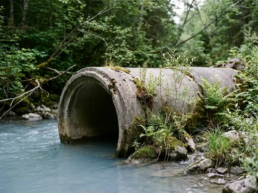 Großes Betonrohr ragt aus klarem Wasser, umgeben von grüner Vegetation und klimaresistenten Pflanzen am Ufer