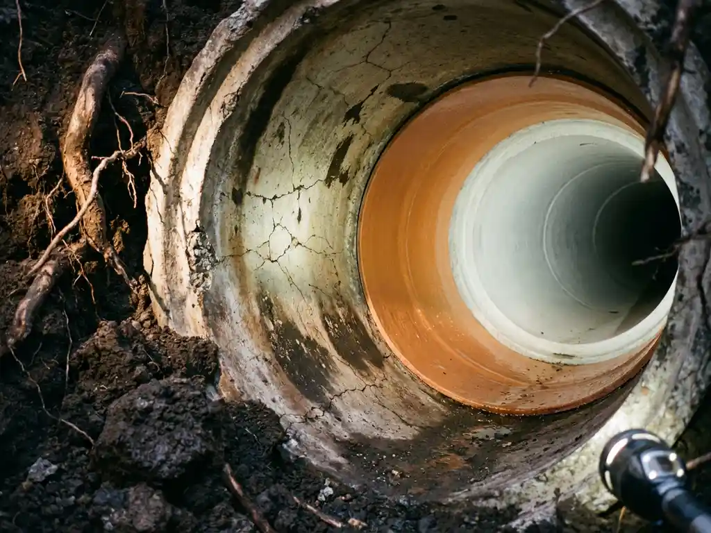 Querschnitt einer unterirdischen Abwasserleitung zeigt drei Sanierungsphasen: rissiges Rohr, teilsaniert und neu