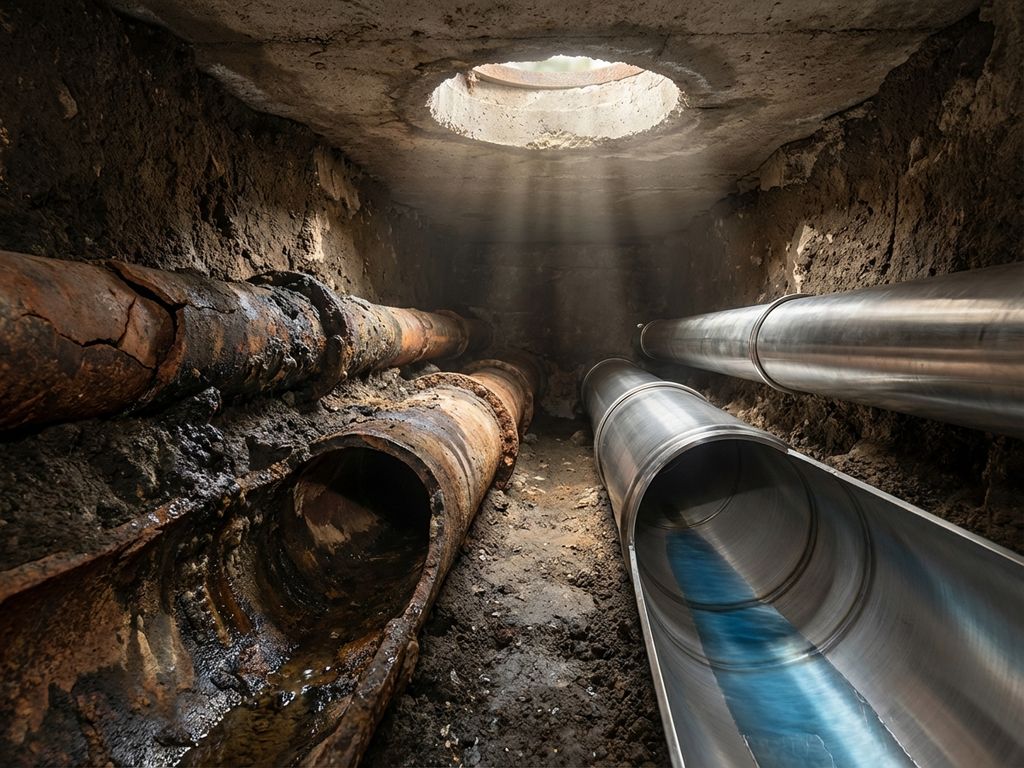 Querschnitt unterirdischer Rohrleitungen zeigt korrodierte alte Abwasserrohre neben neuen Edelstahlrohren bei Sanierung