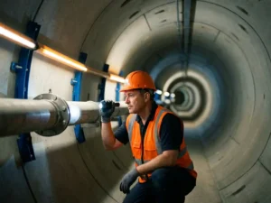 Wartungsarbeiter in Sicherheitsweste inspiziert Rohrleitungen in sauberem Betonabwassertunnel mit Taschenlampe