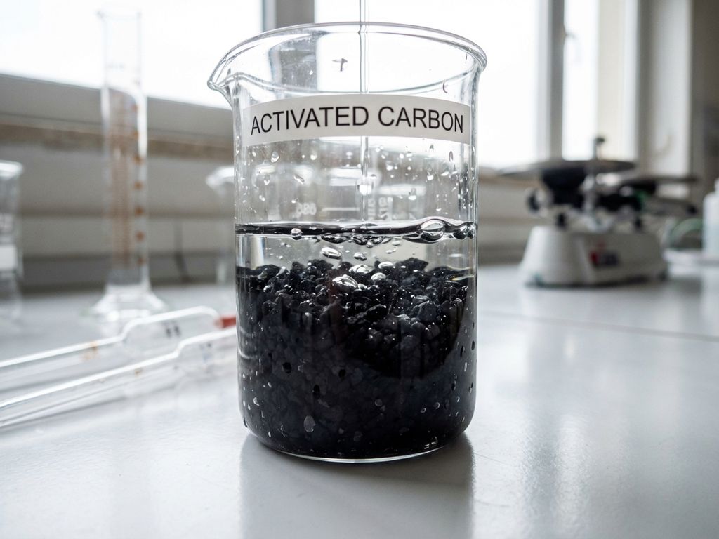 Laborbecher mit Aktivkohlegranulat filtert klares Wasser auf weißer Arbeitsplatte mit Glasgeräten im Hintergrund