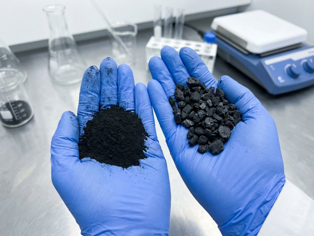 Hände halten pulverförmige und granuläre Aktivkohle über Labortisch, zeigen Texturunterschiede der Kohlenstoffarten