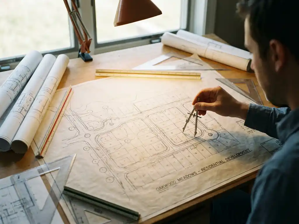 Architekt plant Wohnsiedlung mit Zirkel über detailliertem Bebauungsplan auf Zeichentisch mit technischen Werkzeugen