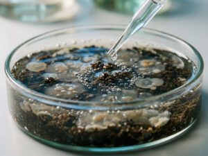 Petrischale mit dunkler Erde und Bakterienkolonien, Pipette tropft Ammoniaklösung hinein, Stickstoffblasen steigen auf