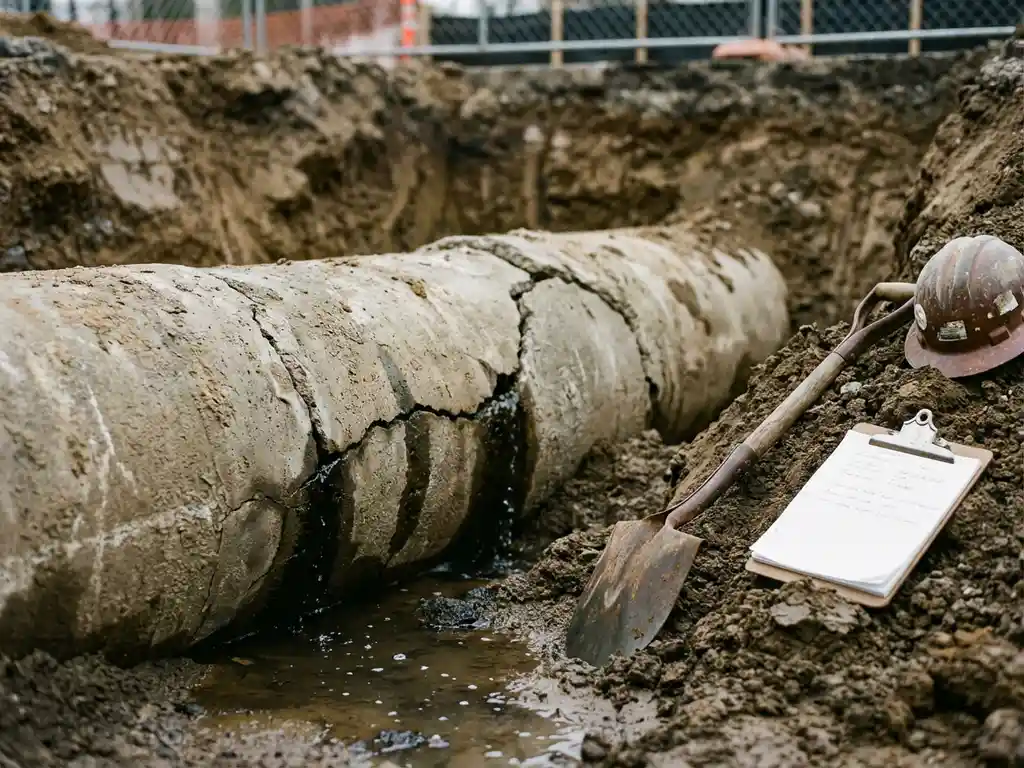 Beschädigte Betonabwasserleitung mit Rissen in ausgehobenem Graben, Bauwerkzeuge daneben, Dokumentation von Rohrsanierung