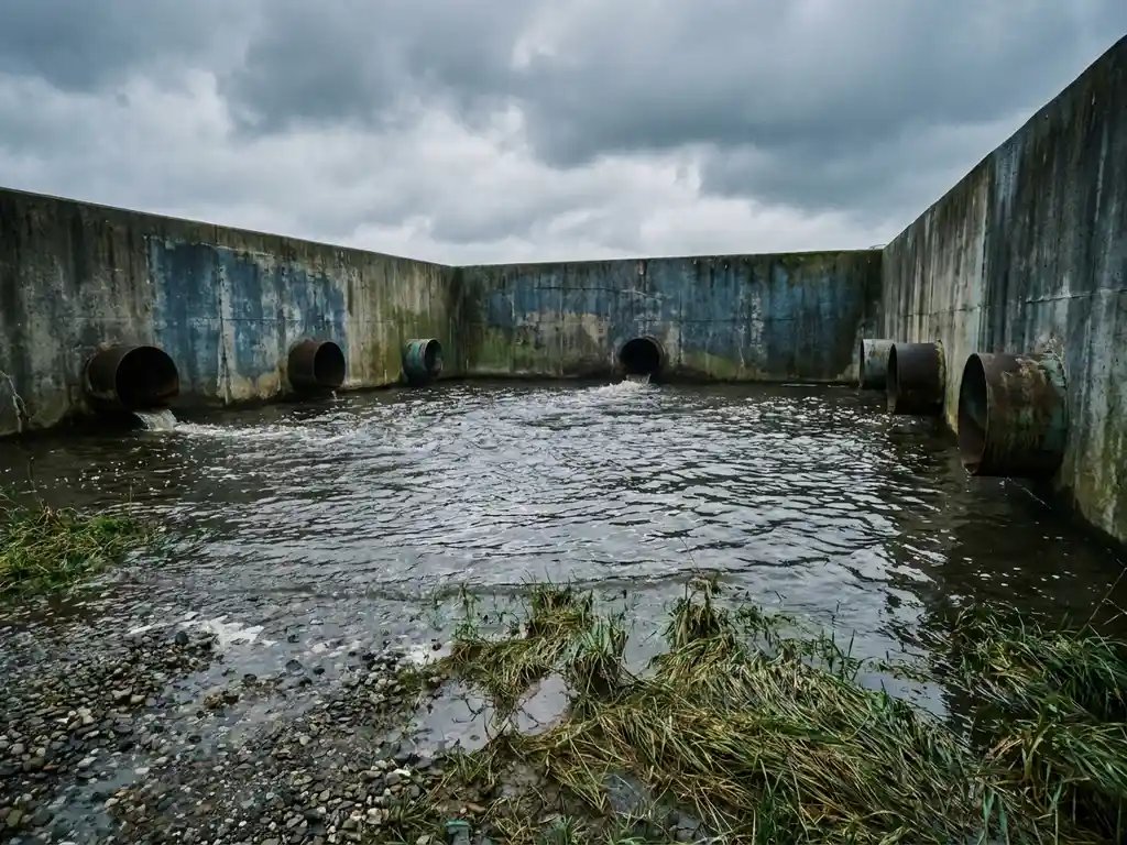 Betonbecken für Regenwasserüberlauf mit dunklem Strömungswasser nach Starkregen, Ablaufrohre an der Beckenwand, bewölkter Himmel spiegelt sich auf der Oberfläche.