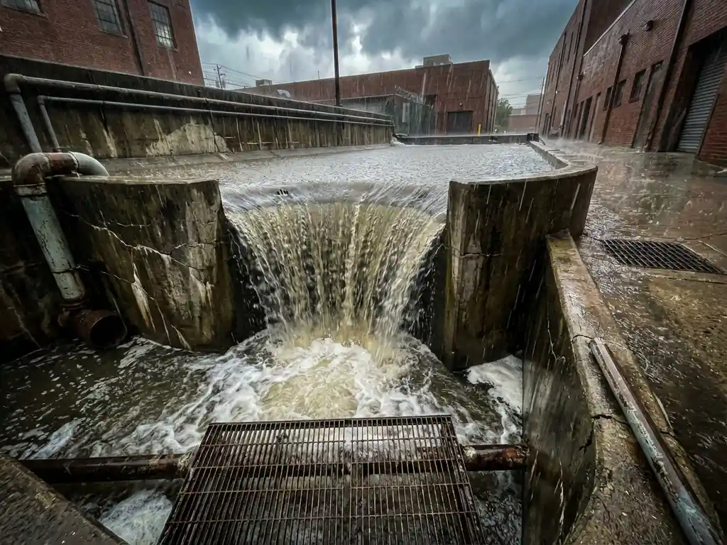 Großes Betonüberlaufbecken mit trübem Regenwasser während starkem Niederschlag, Wasser fließt über gekrümmte Betonkanten