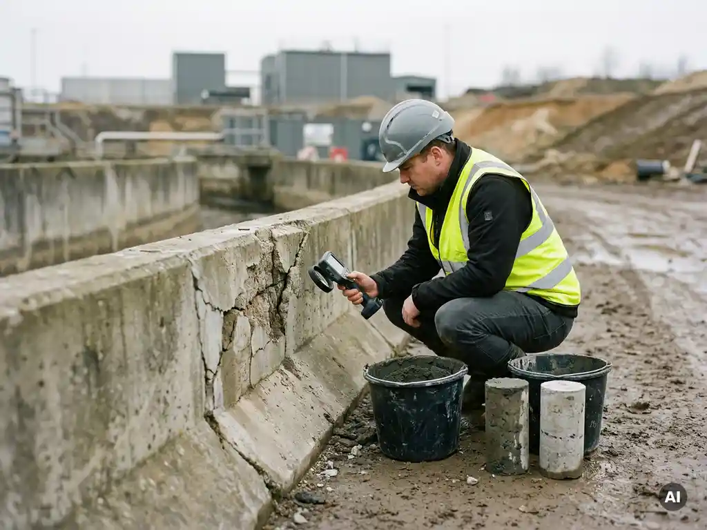 Bauingenieur kniet neben beschädigtem Betonkanal und untersucht Risse mit Inspektionswerkzeug, Reparaturmörtel und Bohrkerne daneben.
