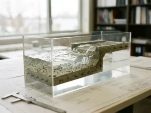 Transparentes Acrylmodell eines Betonrückhaltebeckens mit fließendem Wasser auf Ingenieursschreibtisch