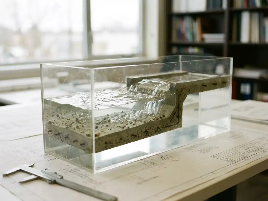 Transparentes Acrylmodell eines Betonrückhaltebeckens mit fließendem Wasser auf Ingenieursschreibtisch