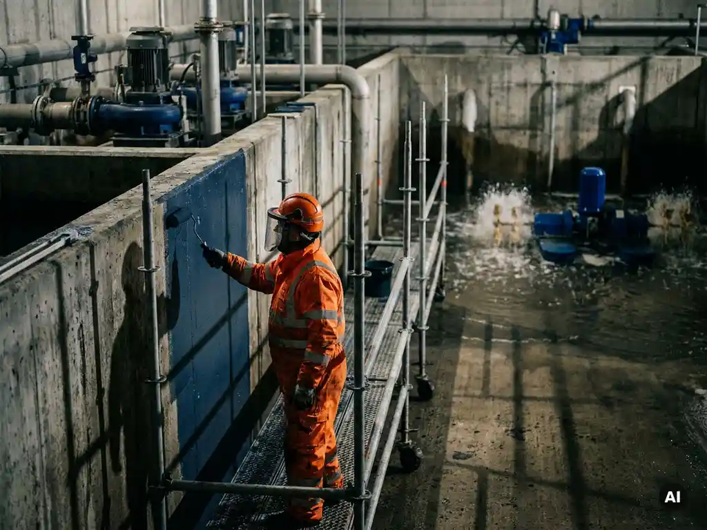 Techniker trägt Schutzbeschichtung auf verwitterte Betonwände in einem aktiven Abwasserbecken auf, umgeben von Industriegerüsten.