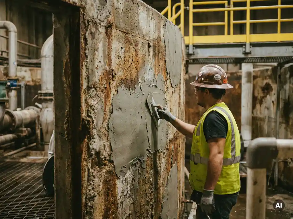 Fachmann trägt grauen Reparaturmörtel auf korrodierte Betonwände eines Abwassertanks auf, industrielle Drainage im Hintergrund.