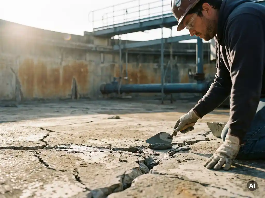 Bauingenieur trägt grauen Reparaturmörtel mit einer Kelle auf gerissenen Beton in einem Abwasserbecken auf.