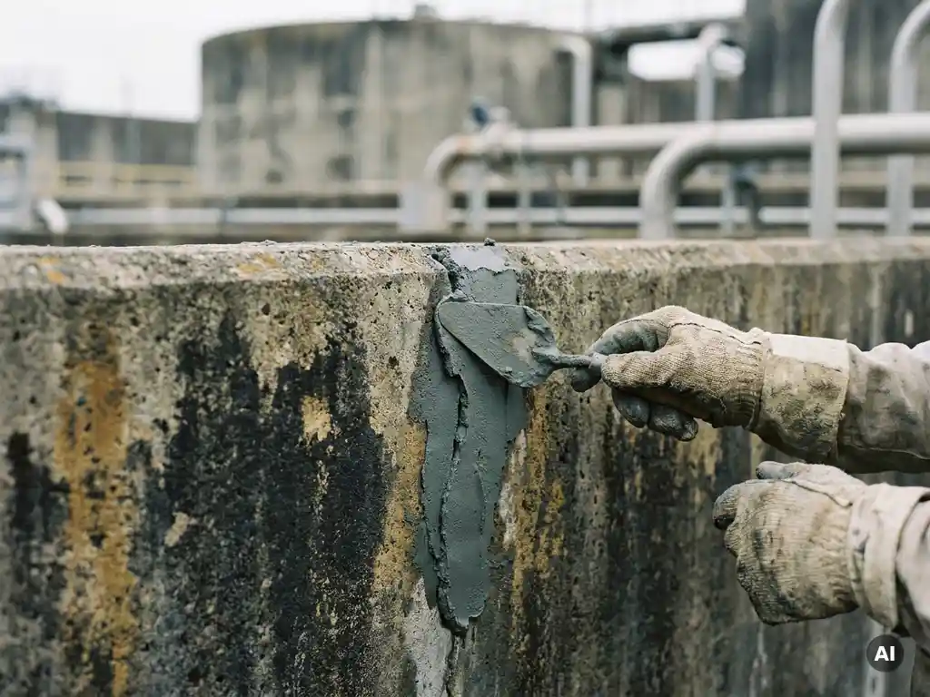 Spezialist trägt grauen Reparaturmörtel auf gerissene Betonwand eines Abwasserbeckens auf, Nahaufnahme mit Kelle und Schutzhandschuhen.