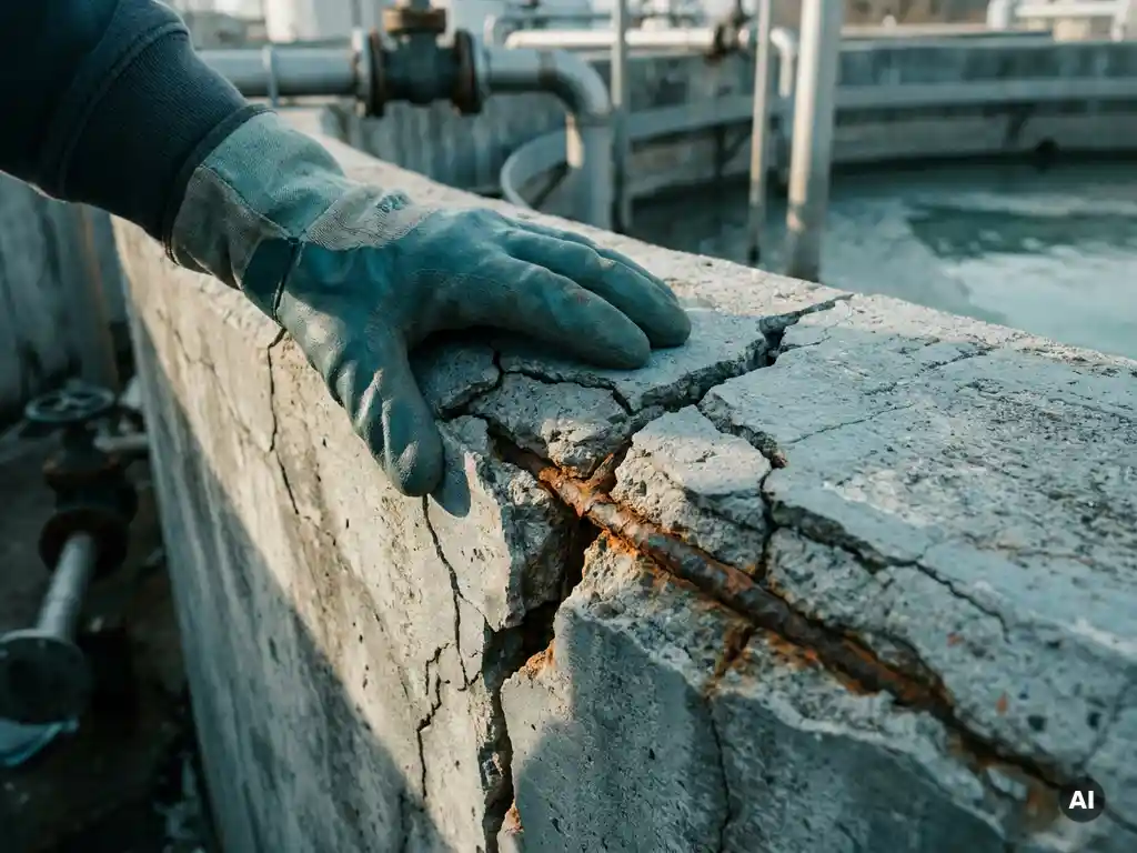 Verwitterte Betonoberfläche eines Abwasserbeckens mit tiefen Rissen und freiliegendem rostigem Bewehrungsstahl, Ingenieurhand in Schutzhandschuh prüft den Schaden.