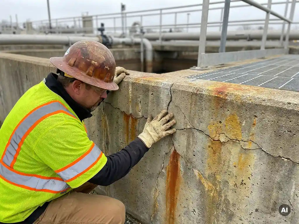 Ingenieur mit Schutzhelm untersucht rissige Betonwand eines Abwasserbeckens, Industrierohre im Hintergrund.