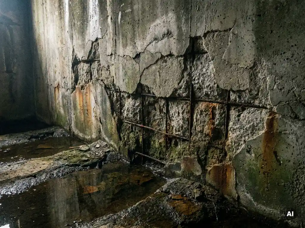 Abgeplatzter Beton mit freiliegendem Korrosionsrost in einem Abwasserbehandlungsbecken, stagnierendes dunkles Wasser am Boden.