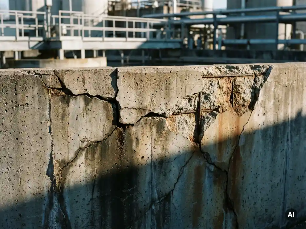 Stark gerissene Betonwand eines Abwasserbeckens mit freiliegenden, korrodierten Bewehrungsstäben und Feuchtigkeitsschäden.