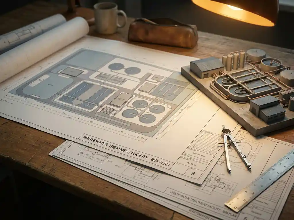 BIM-Architekturplan auf verwittertem Ingenieurtisch neben Maßstabsmodell einer Kläranlage, Zirkel und Lineal, warmes Lampenlicht.